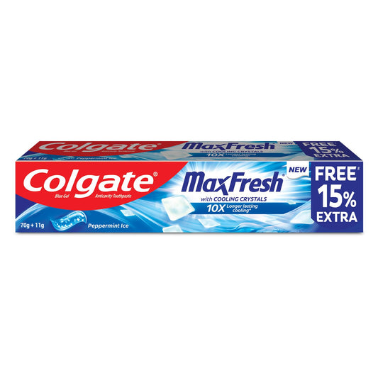 Colgate MaxFresh Toothpaste, Blue Gel Paste with Menthol for Super Fresh Breath, 70g + 11g (Peppermint Ice)