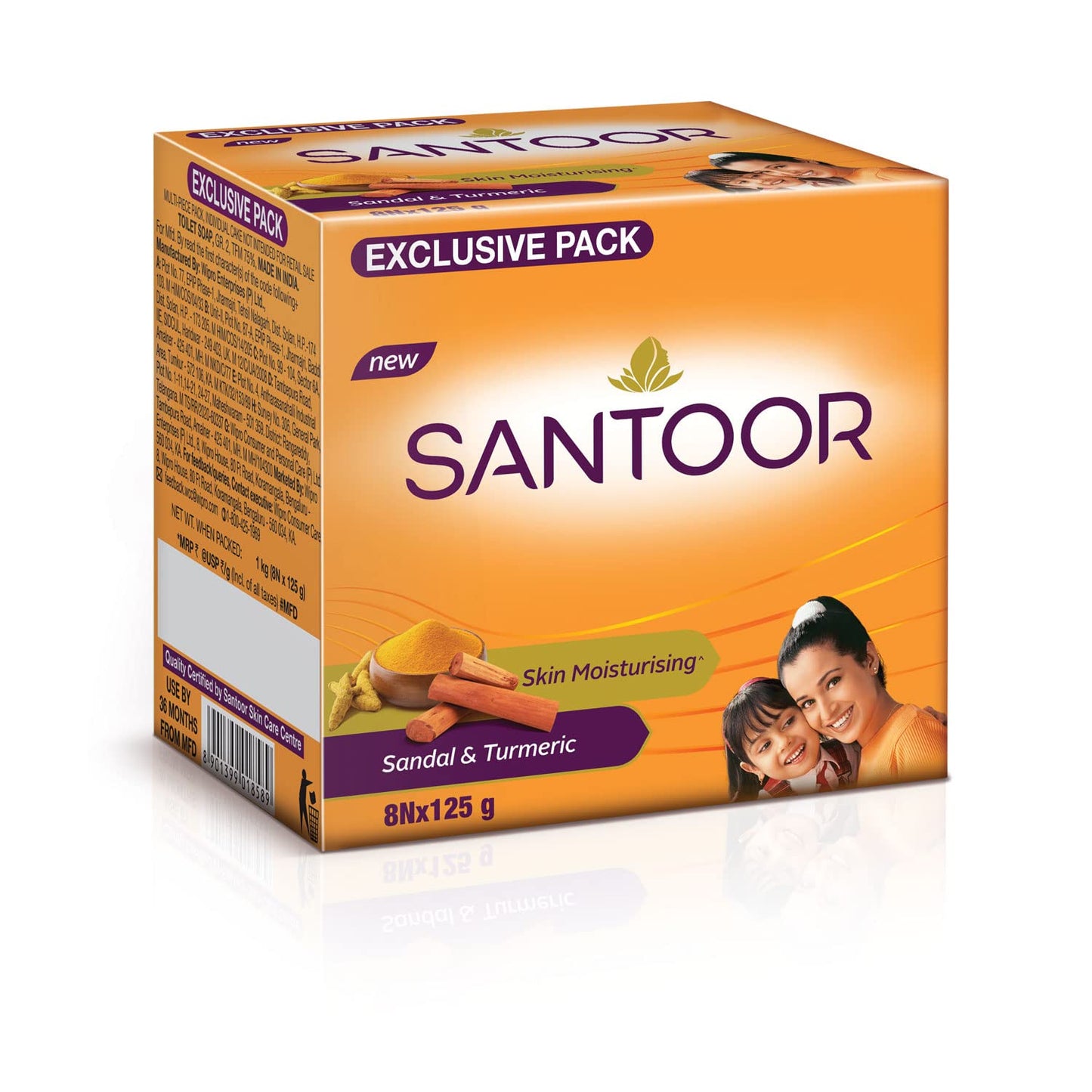 Santoor Skin Moisturizing Sandal & Turmeric Bathing Soap with Nourishing & Anti-Aging Properties| For Soft & Smooth and Younger-Looking Skin| For All Skin Types| Pack of 8, 125g