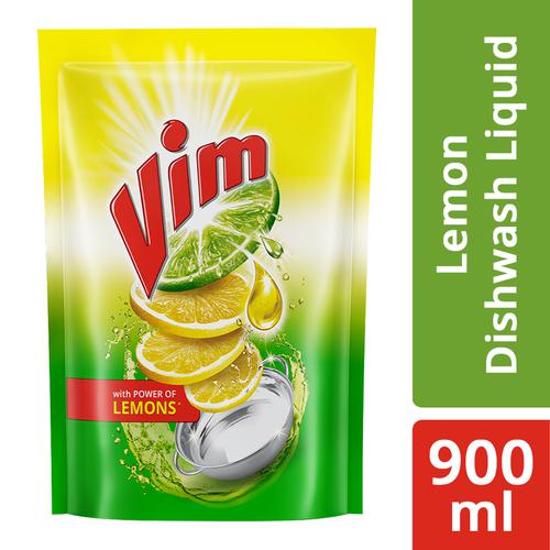 Vim Dishwash Liquid Gel Lemon, With Lemon Fragrance, Leaves No Residue, Grease Cleaner For All Utensils, 900 ml Refill Pouch