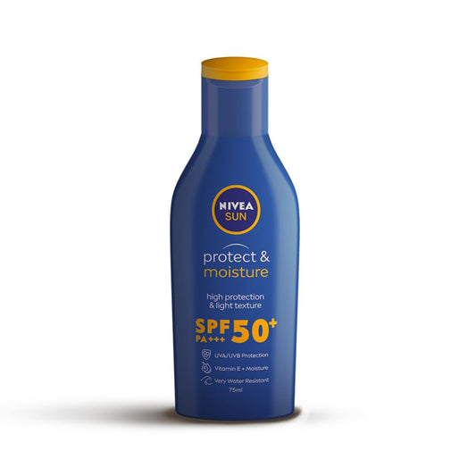 तत्काल सुरक्षा के लिए NIVEA सन प्रोटेक्ट एंड मॉइस्चर 75ml SPF 50 उन्नत सनस्क्रीन | पीए+++ यूवीए - यूवीबी सुरक्षा प्रणाली| विटामिन ई + नमी| बहुत जल प्रतिरोधी| पुरुषों और महिलाओं के लिए