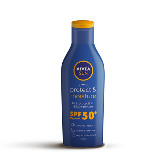 तत्काल सुरक्षा के लिए NIVEA सन प्रोटेक्ट एंड मॉइस्चर 125ml SPF 50 उन्नत सनस्क्रीन | पीए+++ यूवीए - यूवीबी सुरक्षा प्रणाली| विटामिन ई + नमी| बहुत जल प्रतिरोधी| पुरुषों और महिलाओं के लिए