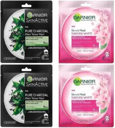 Garnier Skin Naturals Pure Charcoal (Black) 32G + Sakura White (Pink) Serum Mask 32G *4=128G (128 G)