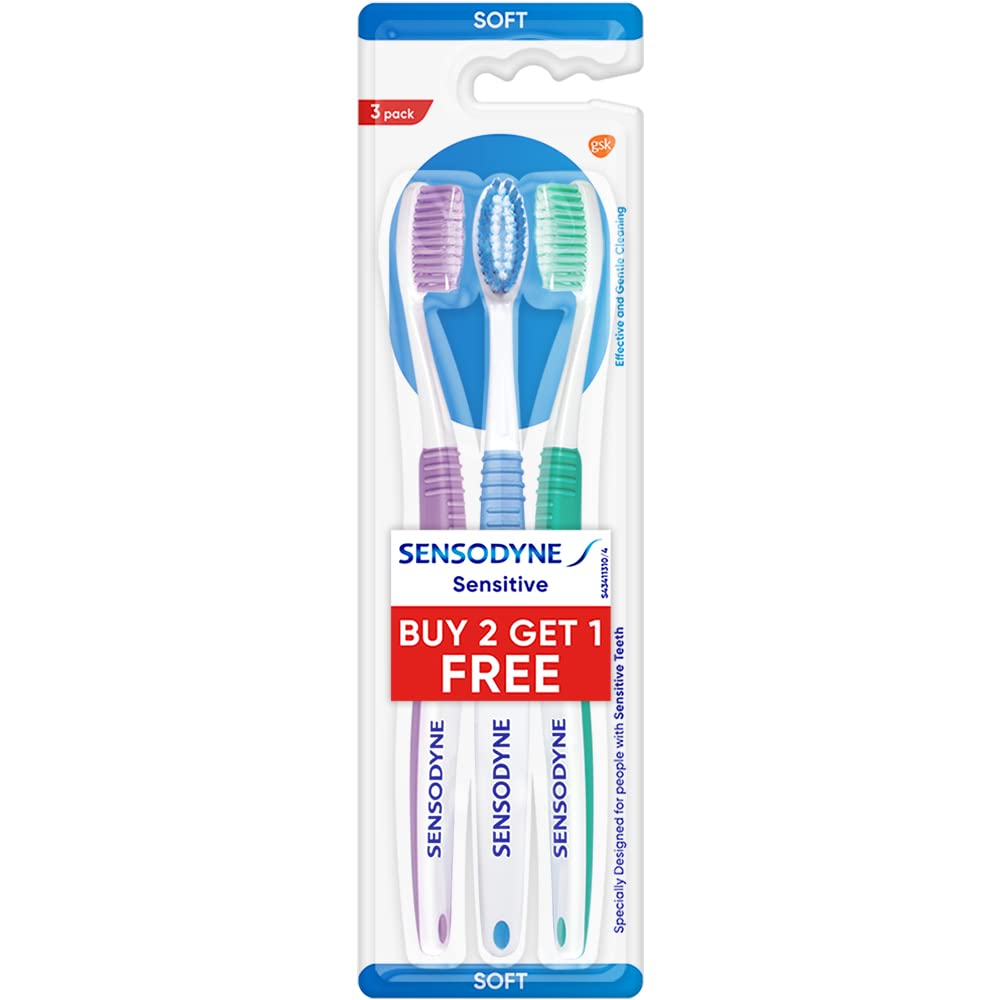 Sensodyne Toothbrush: Sensitive tooth brush with soft rounded bristles for adults, 3 pieces (Manual,Multicolor,Buy 2 Get 1 free)