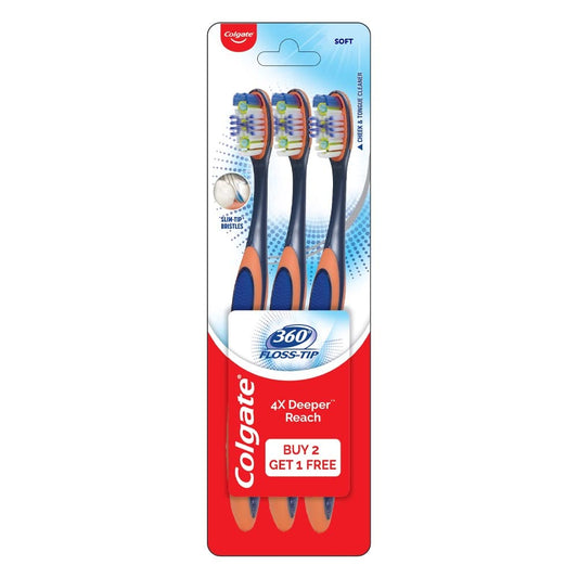 Colgate Adult 360° Floss-Tip Soft Bristle Manual Toothbrush Combo Pack Offer (Buy 2 Get 1 Free)