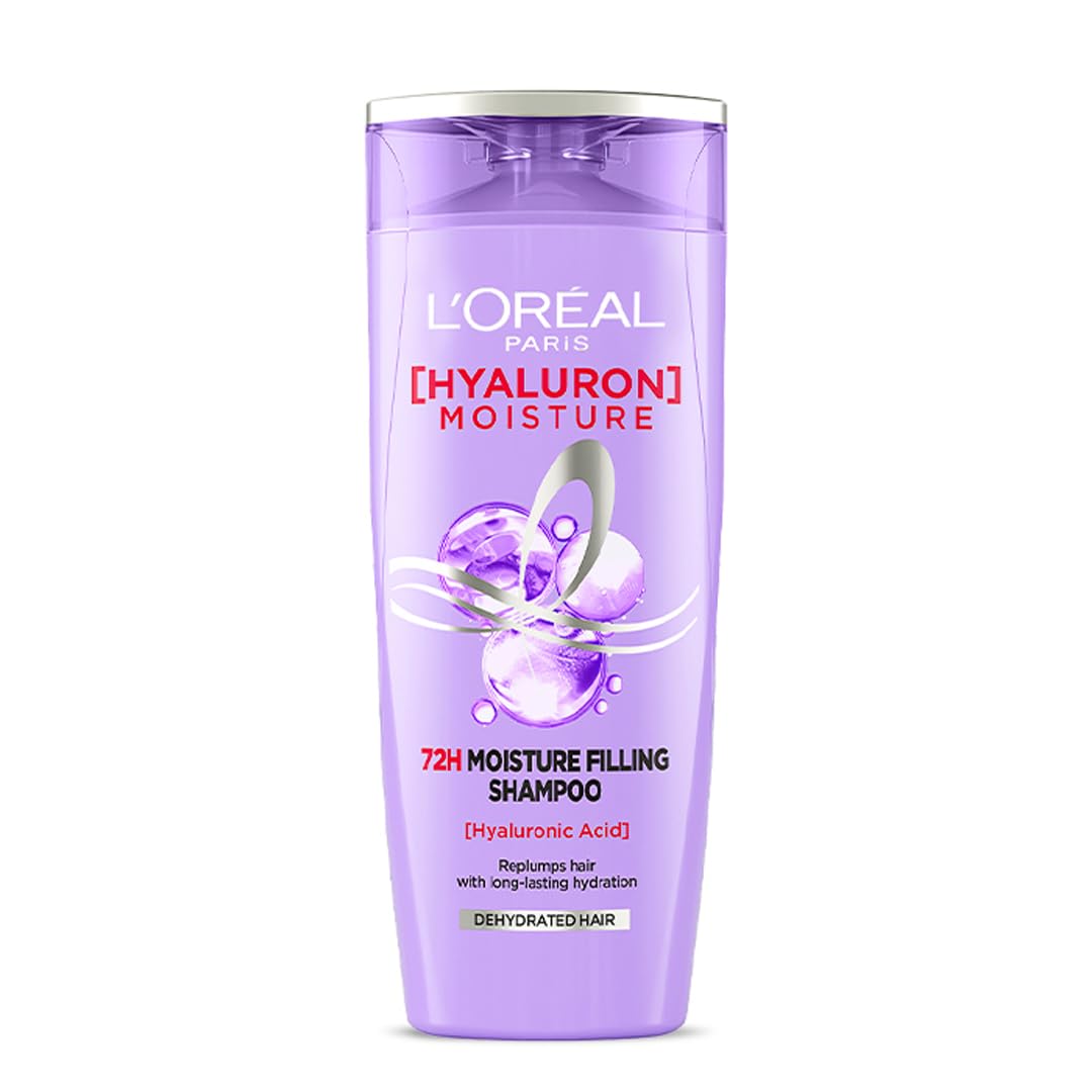 L'Oreal Paris Moisture Filling Shampoo, With Hyaluronic Acid, For Dry & Dehydrated Hair, Adds Shine & Bounce, Hyaluron Moisture 72H, 180ml