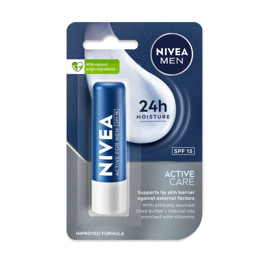 NIVEA मेन एक्टिव केयर 4.8 ग्राम लिप बाम|24 एच नमी में पिघला हुआ फॉर्मूला|प्राकृतिक तेल|पोषित होंठ,4.8 ग्राम (1 का पैक)