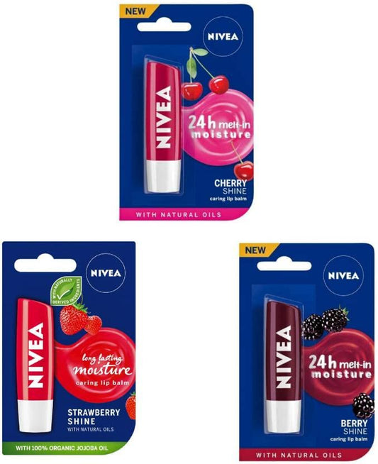 Nivea Combo Of 3Pcs Lip Balm(14 Cherry Shine, Strawberry Shine, Berry Shine), 14.4 G (Pack Of 3)