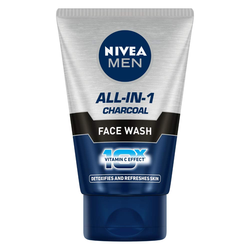 Nivea Men Face Wash, All In 1 Charcoal, To Detoxify & Refresh Skin With 10X Vitamin C Effect, For All Skin Types, 100 G