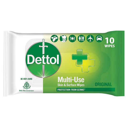 Dettol Germ Protection Wet Wipes For Skin & Surfaces, Original - 10 Count|| Moisture-Lock Lid