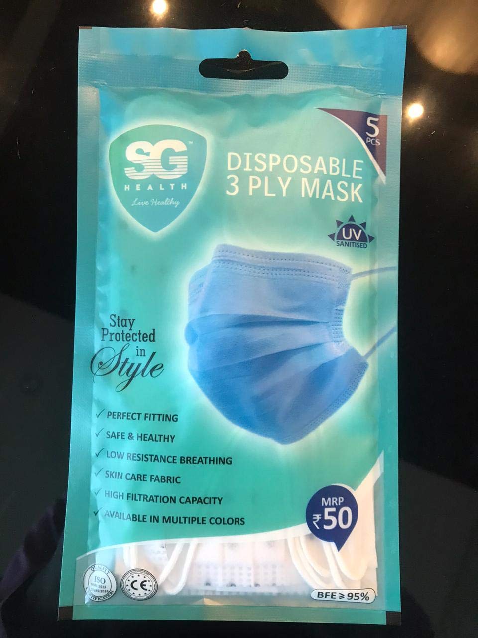 Sg Health Ce Certified Fabric Disposable Astm2 Surgical Mask Without Valve For Unisex, Pack Of 5, Blue