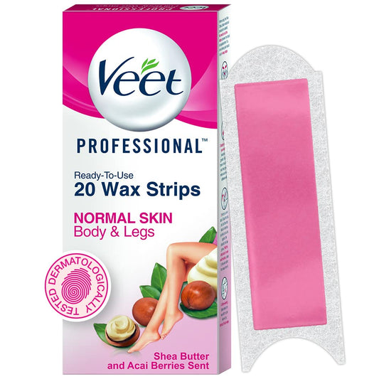 Veet Professional Waxing Strips Kit For Normal Skin, 20 Strips | Gel Wax Hair Removal For Women | Up To 28 Days Of Smoothness | No Wax Heater Or Wax Beans Required