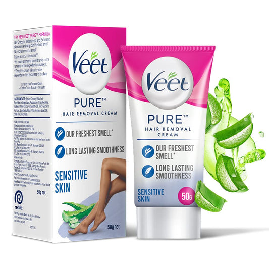 Veet Pure Hair Removal Cream For Women With No Ammonia Smell, Sensitive Skin - 50 G | Suitable For Legs, Underarms, Bikini Line, Arms | 2X Longer Lasting Smoothness Than Razors