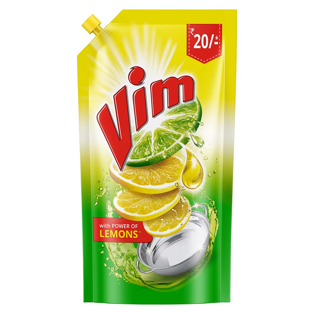 Vim Dishwash Liquid Gel Lemon, With Lemon Fragrance, Leaves No Residue, Grease Cleaner For All Utensils, 155 Ml Pouch