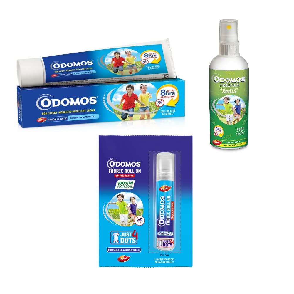 Odomos Mosquito Repellant Fabric Roll On - 8ml + Odomos Non-Sticky Mosquito Repellent Cream With Vitamin E & Almond - 50g + Odomos Naturals Mosquito Repellant Spray - 100ml