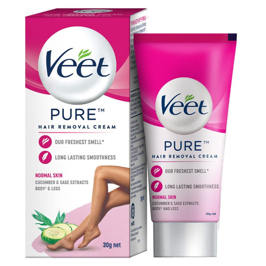 Veet Pure Hair Removal Cream For Women With No Ammonia Smell, Normal Skin - 30G | Suitable For Legs, Underarms, Bikini Line, Arms | 2X Longer Lasting Smoothness Than Razors