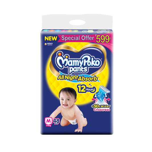 MamyPoko Pants All Night Absorb Baby Diapers, Medium (M), 48 Count 7-12 kg