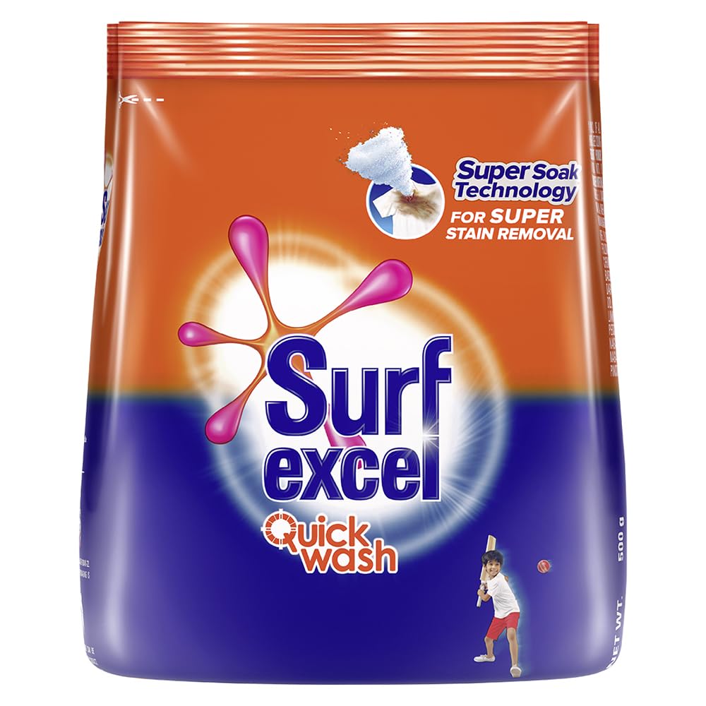 Surf Excel Quick Wash Detergent Powder, With Power Of Lemon & Bleach, Removes Tough Stains, 500 G