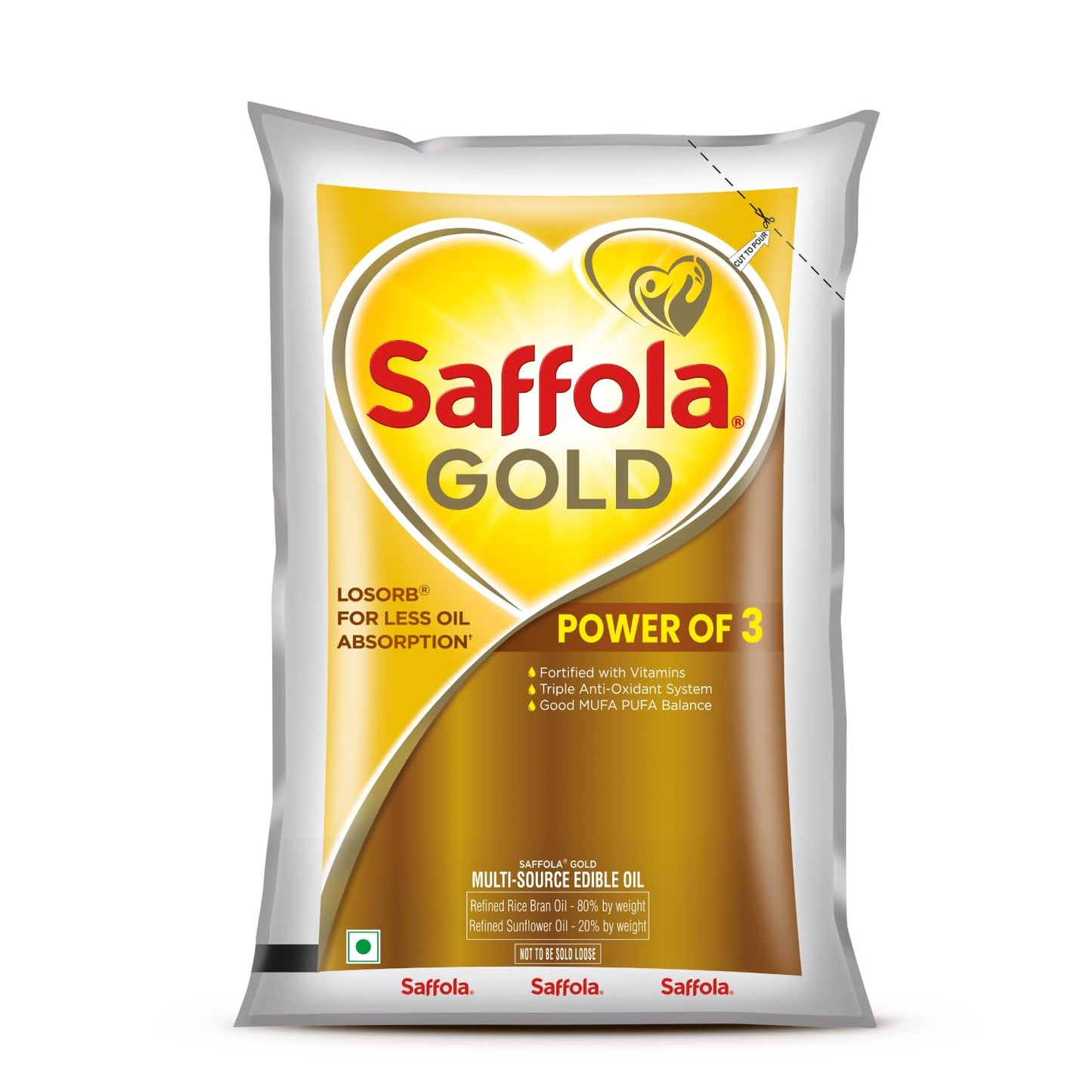 Saffola Gold Refined Oil|Blend of Rice Bran Oil & Sunflower Oil|Cooking Oil|Pro Healthy Lifestyle Edible Oil 1 Litre Pouch