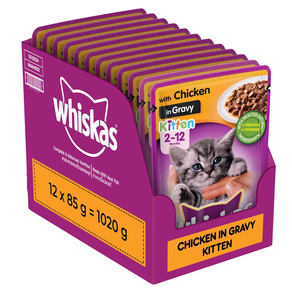 Whiskas Wet Food For Kittens (2-12 Months), Chicken In Gravy Flavour, 12 Pouches (12 X 85G), 1 Count