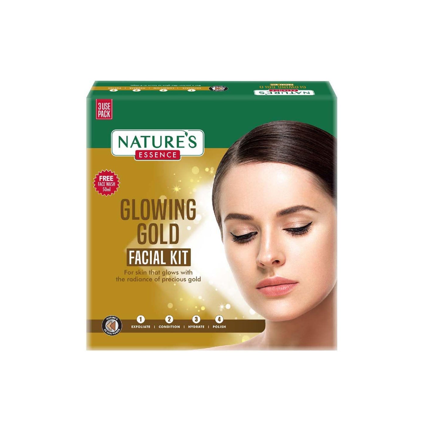 Natures Essence Glowing Gold Facial Kit With Free Facewash | For 3 Uses | Bright & Glowing Skin | Parlour Wala Asli Glow In 30 Minutes | 60G + 50Ml