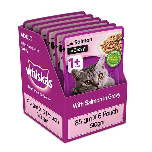 Whiskas Salmon In Gravy, Wet Gravy Food For Adult Cats, 85 G Pouch [Pack Of 6]