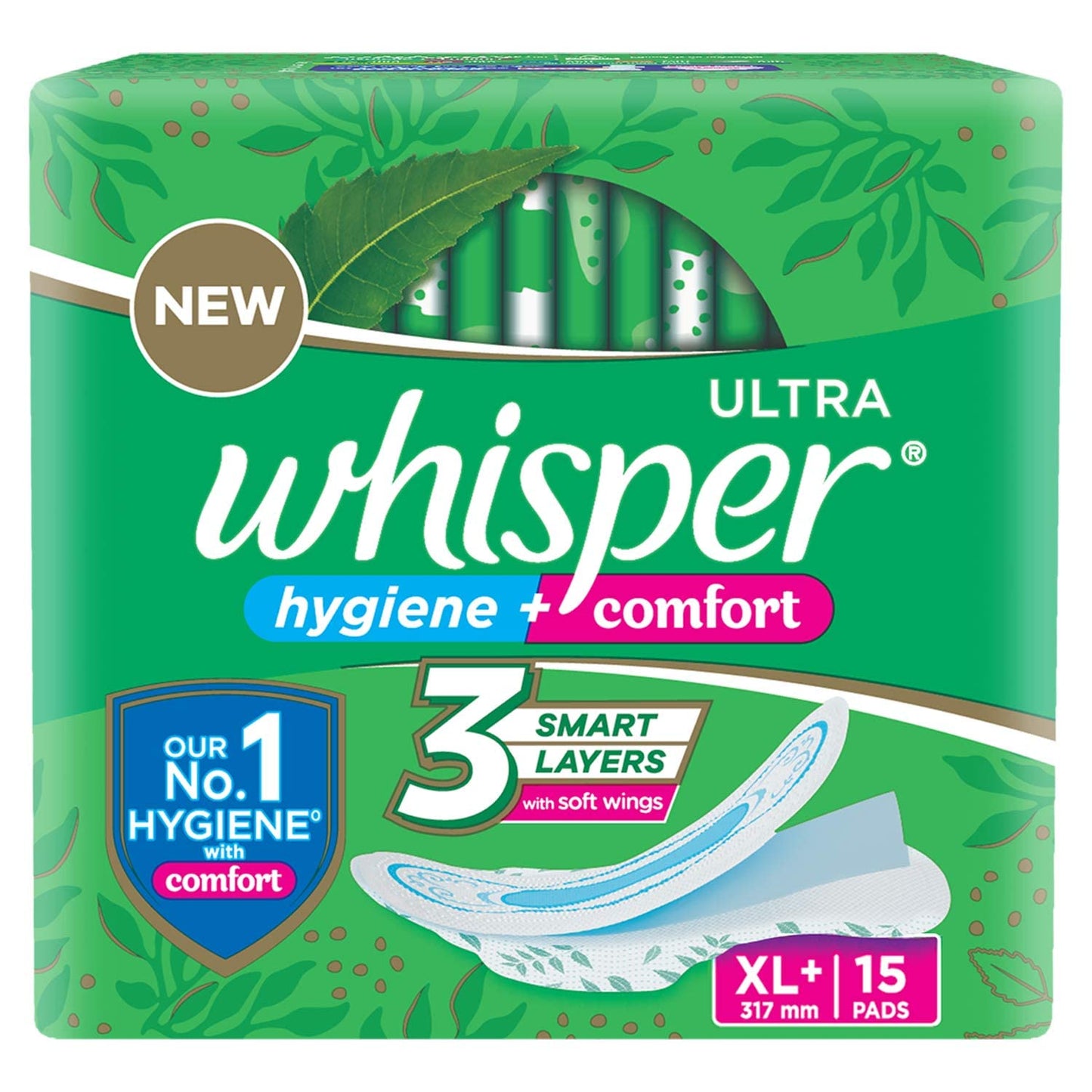 WHISPER ULTRA HYGIENE+COMFORT SANITARY PADS, 15 XL PADS, FOR HEAVY FLOW, LONG LASTING PROTECTION, LOCKS ODOUR & WETNESS, DRY TOP SHEET, DISPOSABLE WRAPPER