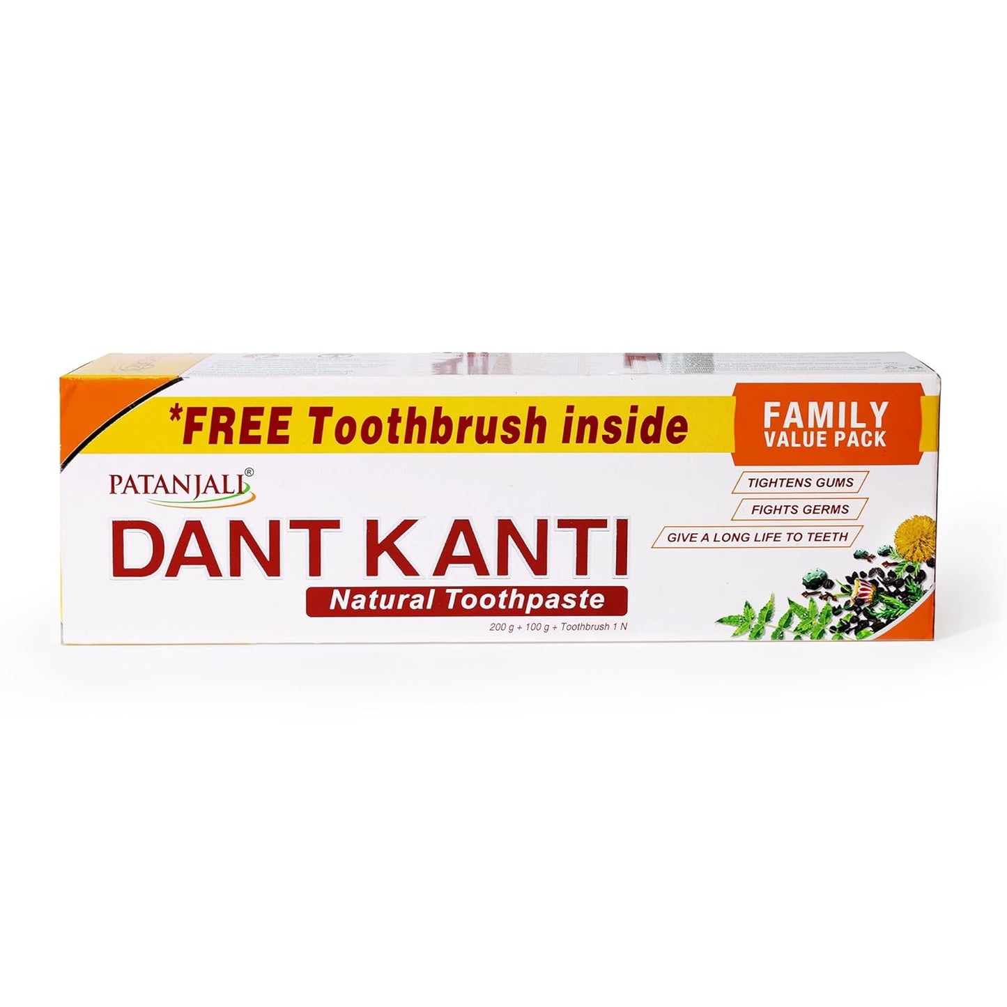 Patanjali Dant Kanti Toothpaste Value Pack (200g x 1N and 100g x 1N : 300 g) and Toothbrush for Cavity Protection, Eliminates Bad Breath, Gingivitis Prevention