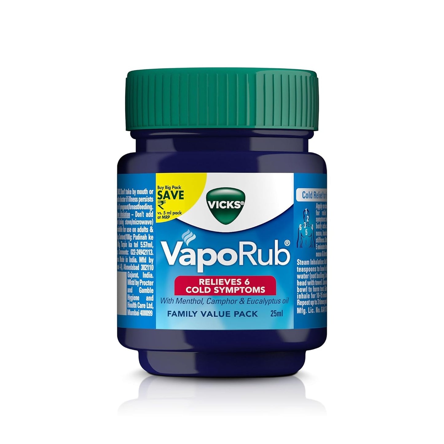 Vicks Vaporub 25ml, Relief From Cold, Cough, Blocked Nose, Headache, Body ache, Muscular stiffness and Breathing difficulty