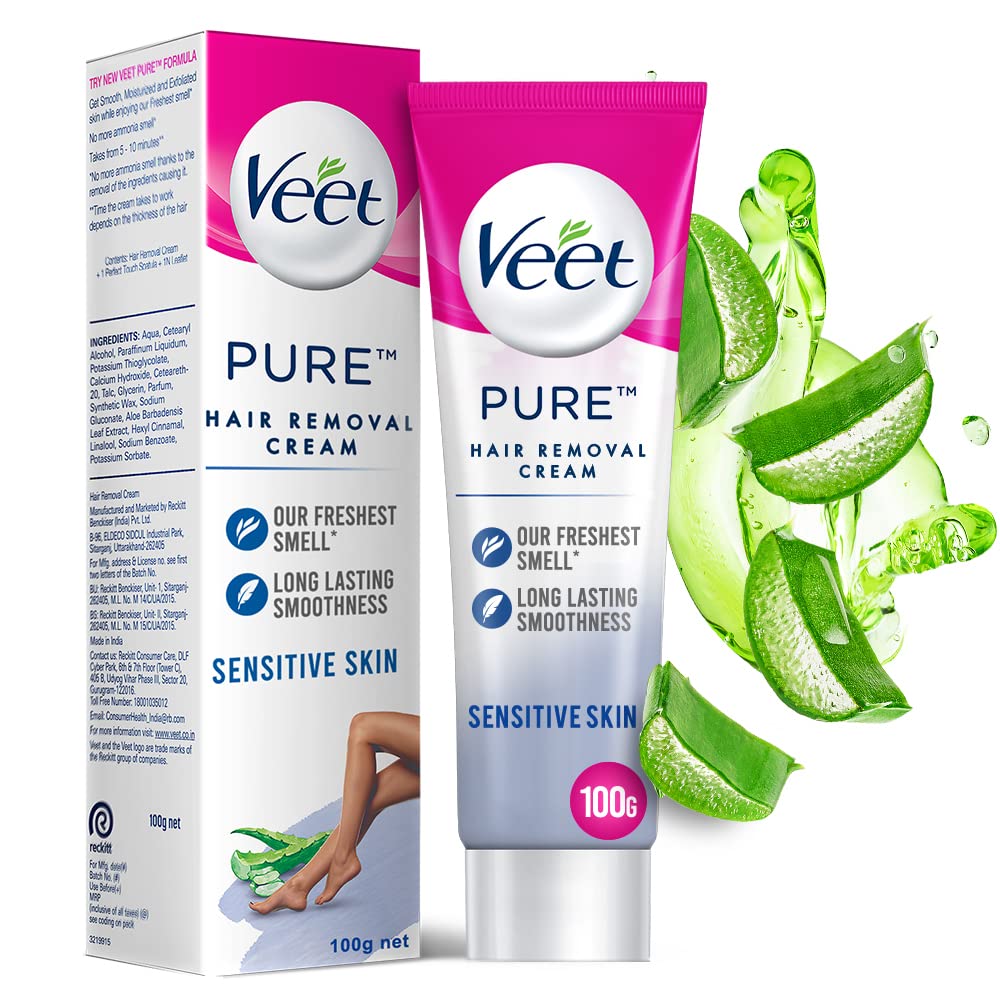 Veet Pure Hair Removal Cream For Women With No Ammonia Smell, Sensitive Skin - 100 G | Suitable For Legs, Underarms, Bikini Line, Arms | 2X Longer Lasting Smoothness Than Razors