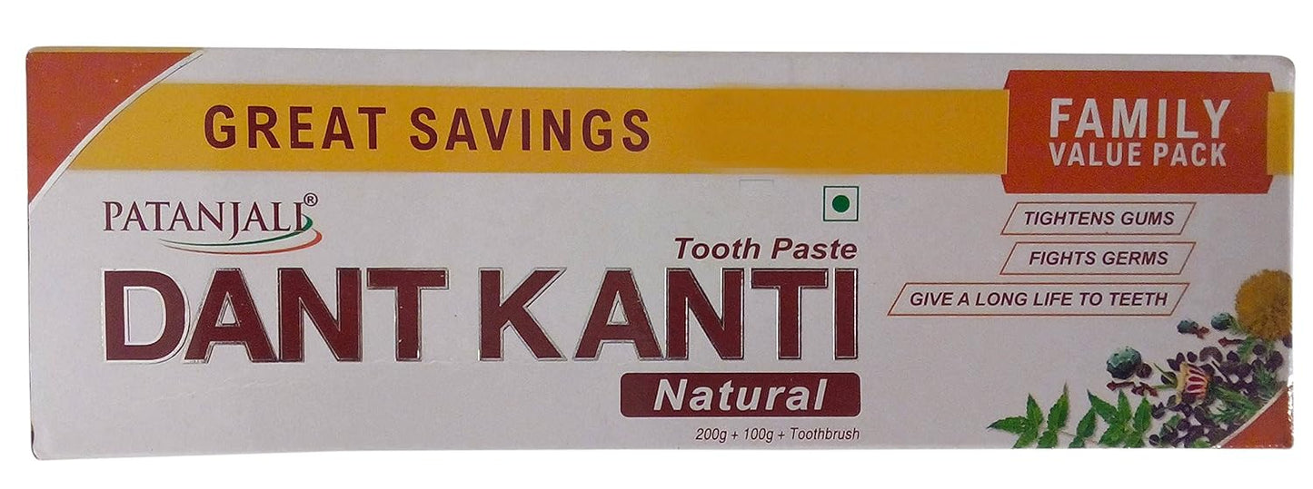 Patanjali Dant Kanti Toothpaste - Natural (With 1N Toothbrush), 300G Combo Pack, strong teeth