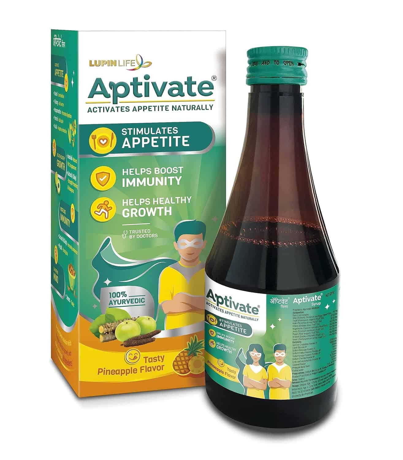 Aptivate 100% Ayurvedic Syrup - Appetite stimulant for children - helps Boost Immunity Naturally - (Pineapple flavour, 175ml) 