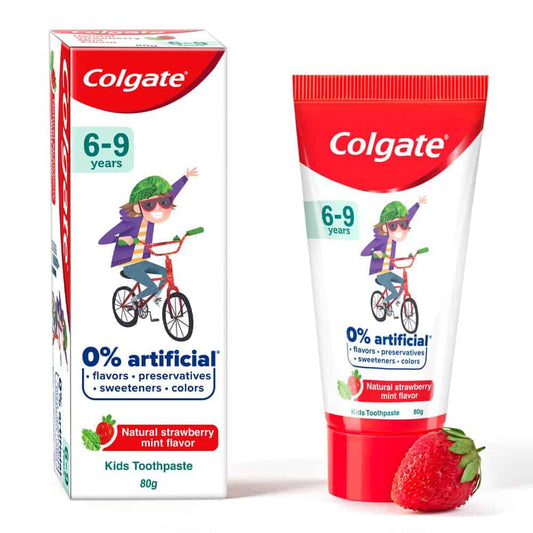 Colgate Kids Toothpaste with 0% Artificial Preservatives, Colours, Sweeteners for Whitening (6-9 Years, Natural Strawberry Mint Flavour - 80g Tube) 