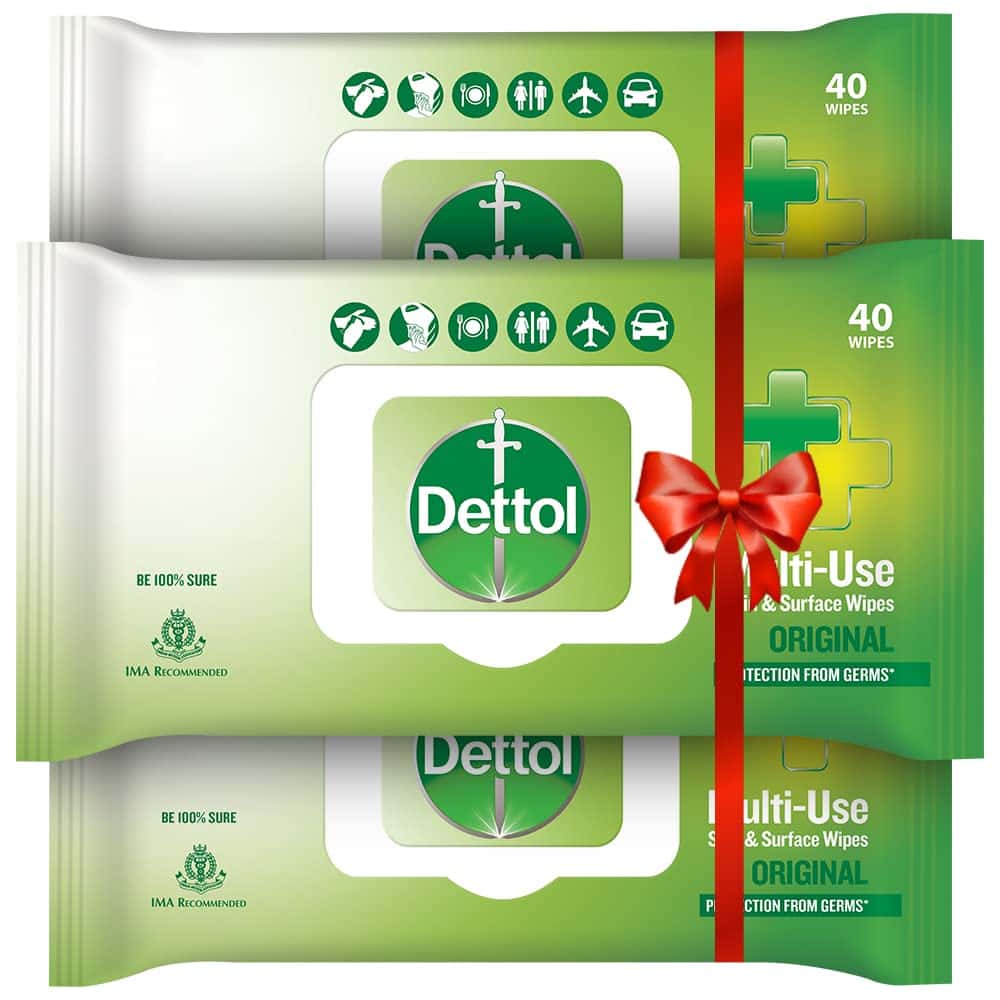 Dettol Germ Protection Wet Wipes for Skin & Surfaces, Original - 40 Count (Pack of 3)|| Moisture-Lock Lid 