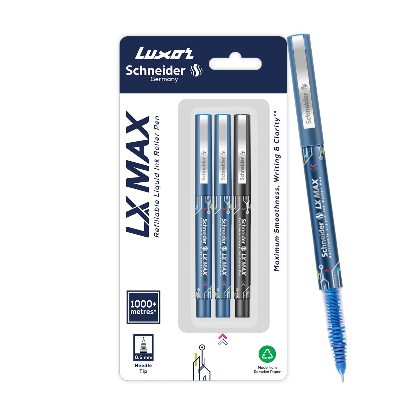 Luxor Lx-Max Cone Tip Roller Pen  -2 Blue -1 Black -Pack Of 3