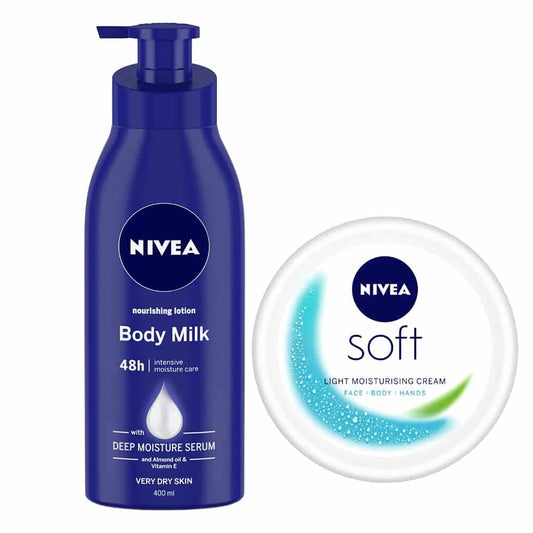 Nivea Body lotion, Nourishing Body Milk with 2x Almond Oil, 400 ml and Nivea Soft Light Moisturizer, Non Sticky Cream, 100 ml 