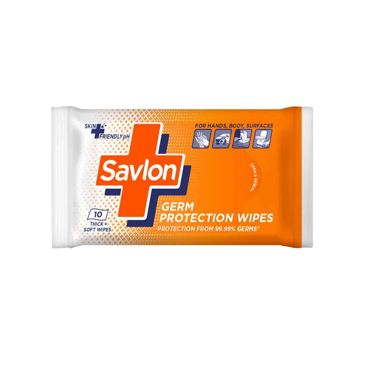 Savlon Germ Protection Wipes, Pack Of 10, Protection From 99.99% Germs, Skin Friendly Ph, For Hands, Body, Surface