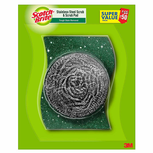 Scotch-Brite 1 Stainless Steel Scrubber (15g) and 2 Scrub pads Combo 