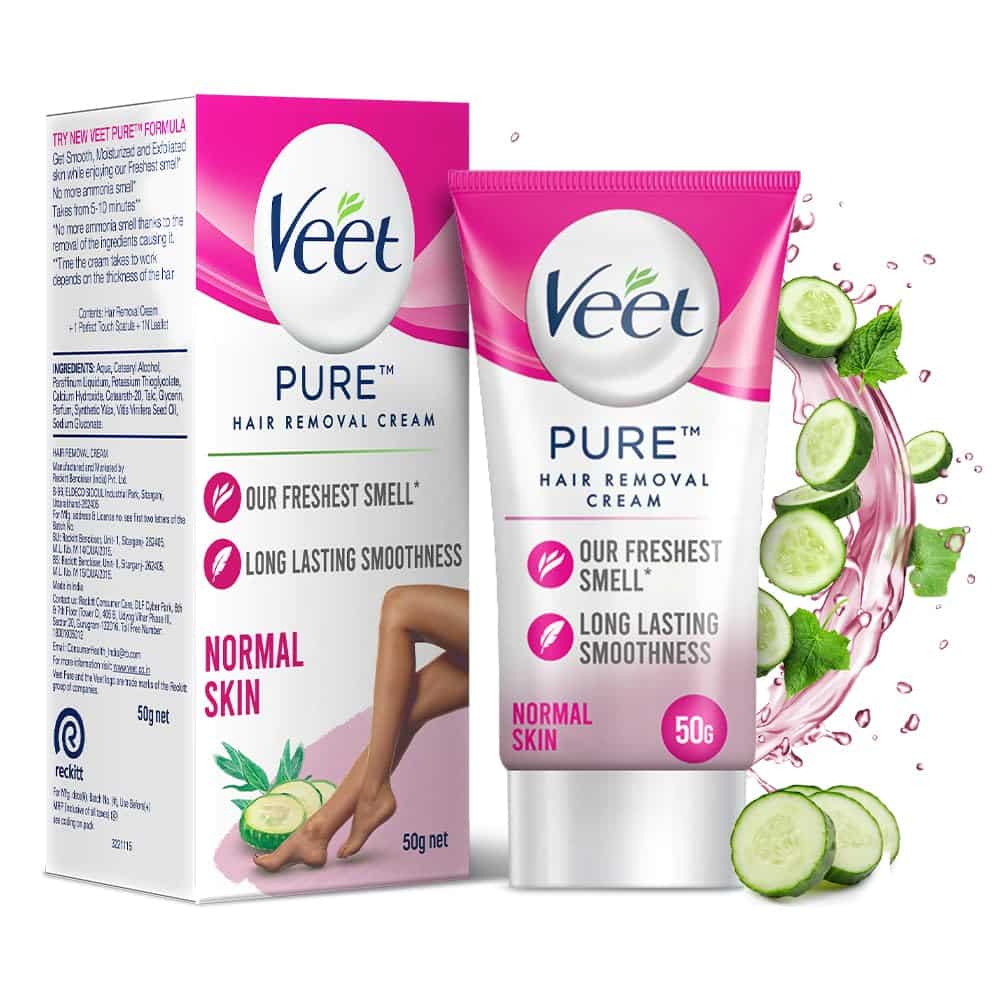 Veet Pure Hair Removal Cream For Women With No Ammonia Smell, Normal Skin - 50G | Suitable For Legs, Underarms, Bikini Line, Arms | 2X Longer Lasting Smoothness Than Razors