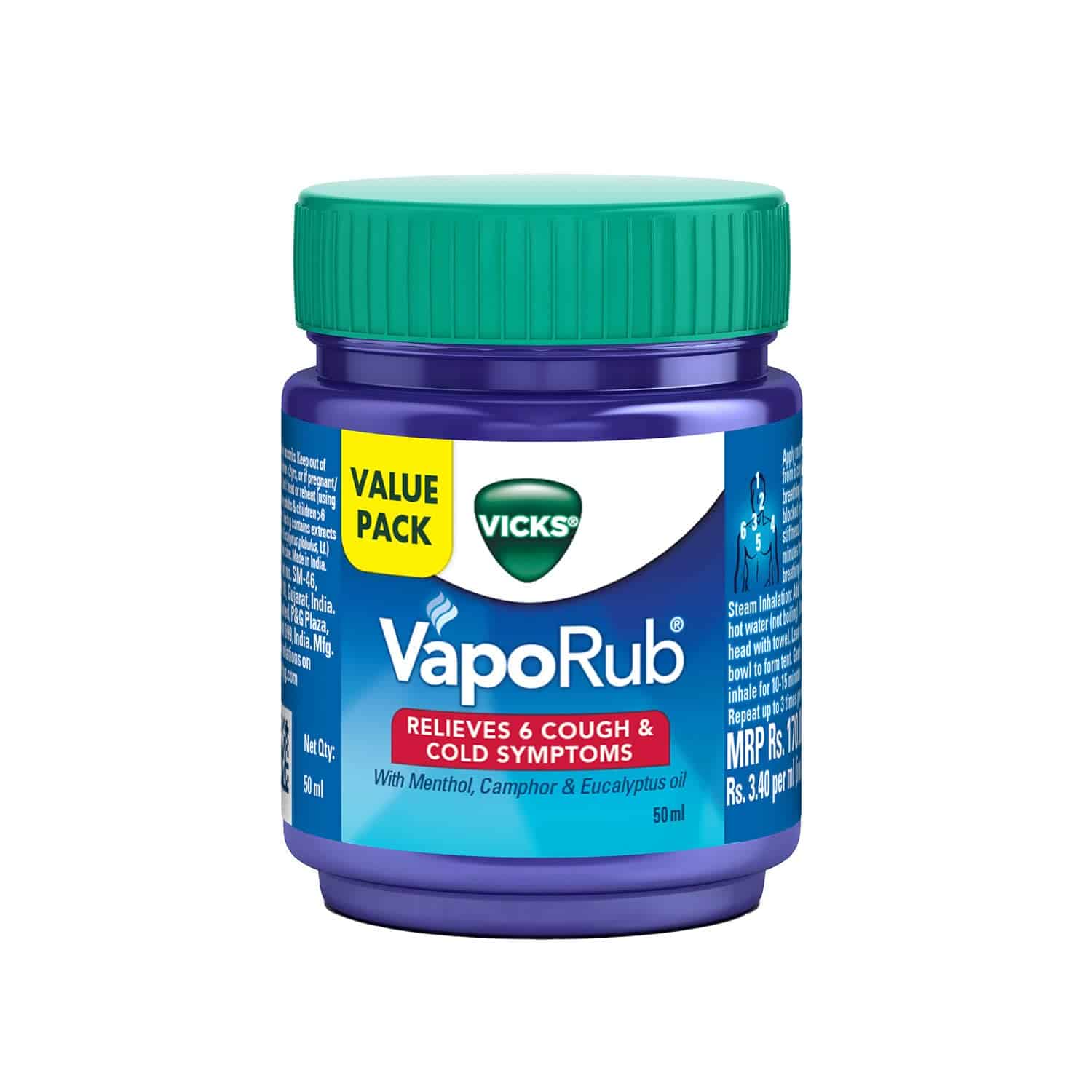 Vicks Vaporub 50ml, Relief From Cold, Cough, Blocked Nose, Headache, Body Ache, Muscular Stiffness And Breathing Difficulty 