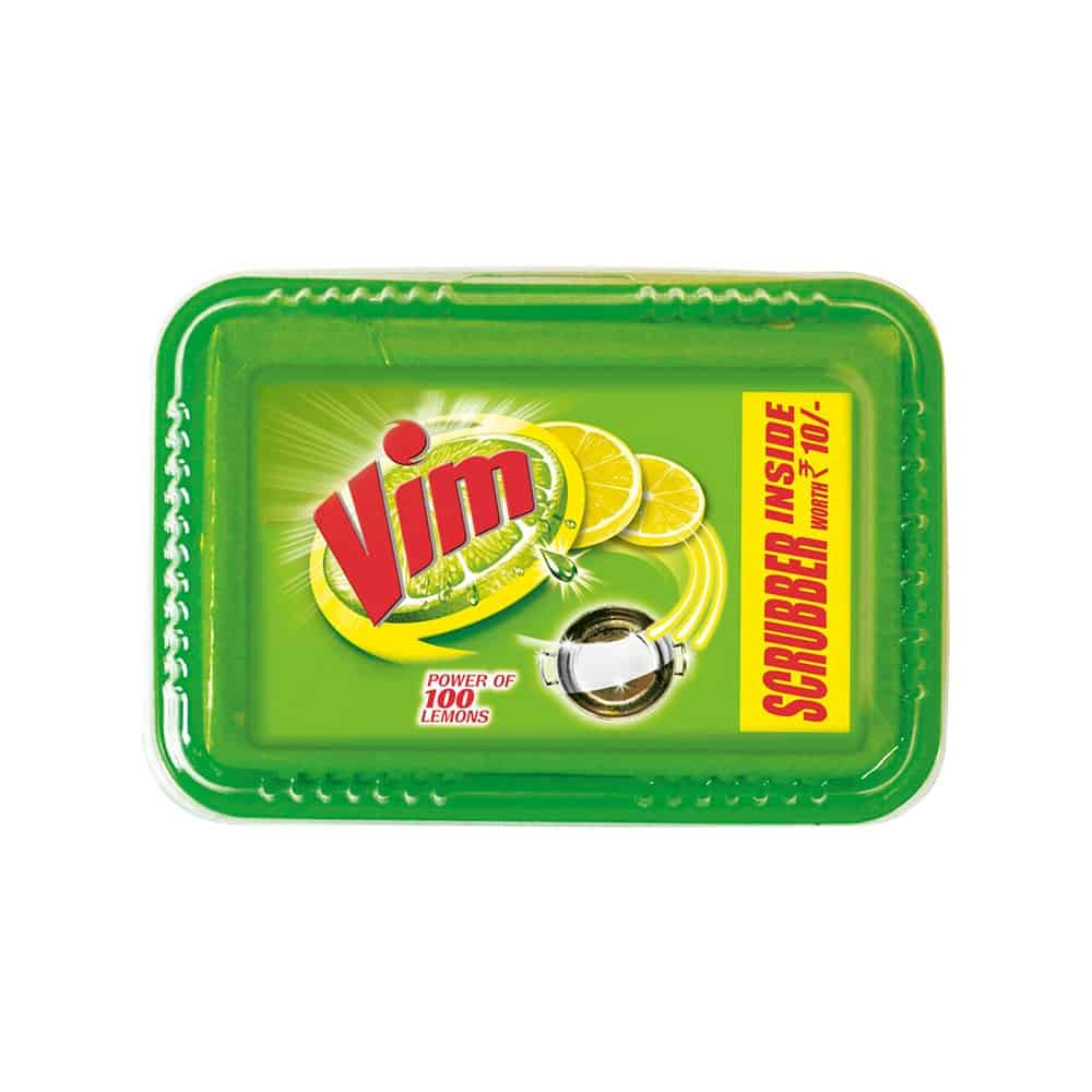 Vim Dishwash Bar Lemon Tub, With Power Of 100 Lemon, Fastest On Burnt Food Stains, Comes With A Sturdy Re-Usable Box And Free Scrubber, 500 g 