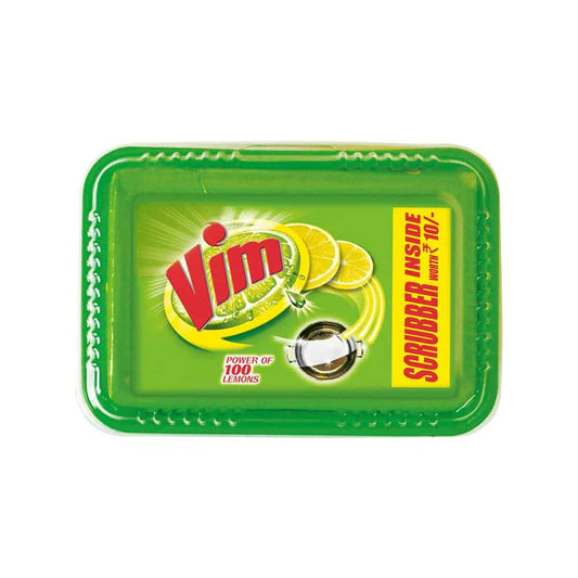 Vim Dishwash Bar Lemon Tub, With Power Of 100 Lemon, Fastest On Burnt Food Stains, Comes With A Sturdy Re-Usable Box And Free Scrubber, 500 g 