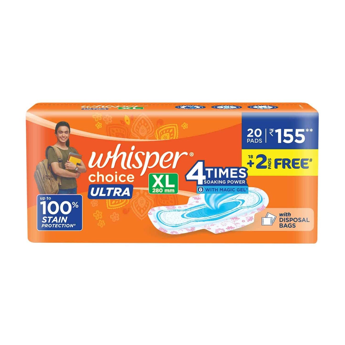 WHISPER CHOICE ULTRA SANITARY PADS, 20 XL PADS, UPTO 100% STAIN PROTECTION ALL DAY, THIN PADS WITH MAGIC GEL THAT LOCKS LIQUID, SUPER FAST ABSORPTION, LONGER LENGTH FOR BETTER COVERAGE, DISPOSABLE WRAPPER