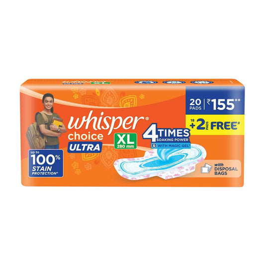 Whisper Choice Ultra Sanitary Pads, 20 Xl Pads, Upto 100% Stain Protection All Day, Thin Pads With Magic Gel That Locks Liquid, Super Fast Absorption, Longer Length For Better Coverage, Disposable Wrapper