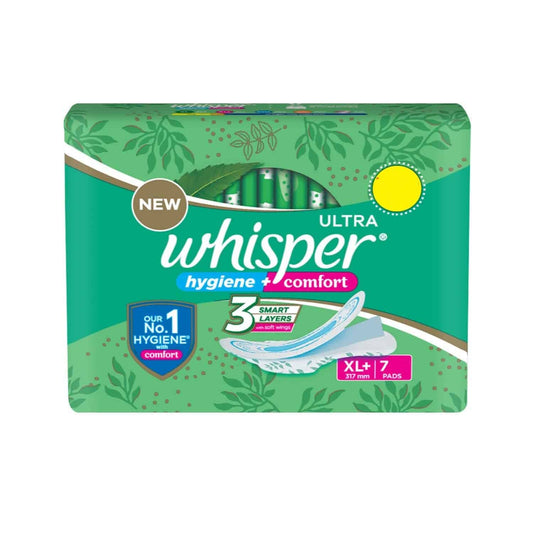 WHISPER ULTRA HYGIENE+COMFORT SANITARY PADS, 7 XL+ PADS, FOR HEAVY FLOW, LONG LASTING PROTECTION, LOCKS ODOUR & WETNESS, DRY TOP SHEET, DISPOSABLE WRAPPER 