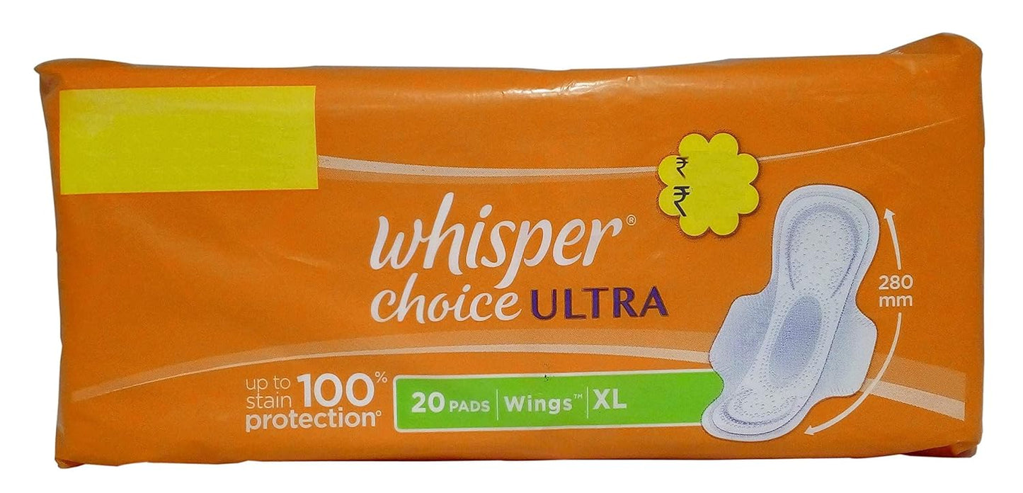 Whisper Choice Ultra Sanitary Pads for women - XL Wings (280 mm), 20 Pieces Pack 