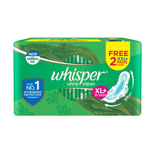 Whisper Ultra Clean Sanitary Pads For Women Xl+ 30 + Whisper Ultra Night Xxl+ 2 Napkins