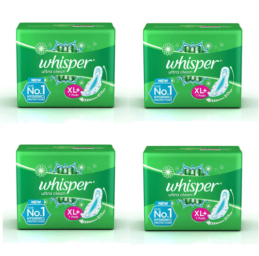 Whisper Ultra Clean Sanitary Pads XL Plus Wings 7 Pieces, Pack of 4 Sanitary Pad 