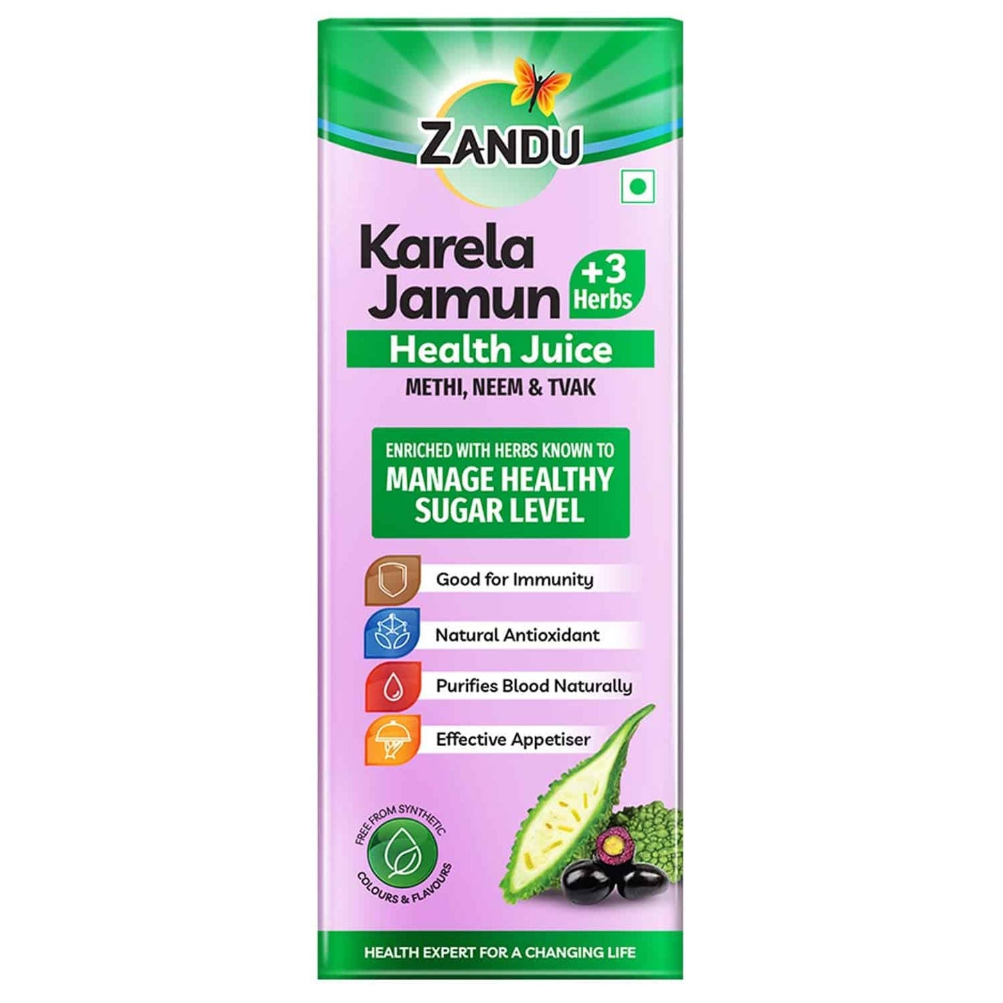 Zandu Karela Jamun Juice 1L, Controls Blood Sugar, Diabetes Care, with 3 added Herbs Methi, Neem and Tvak, No Added Sugar or Flavours